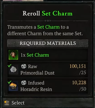 Reroll Set Charm 界面